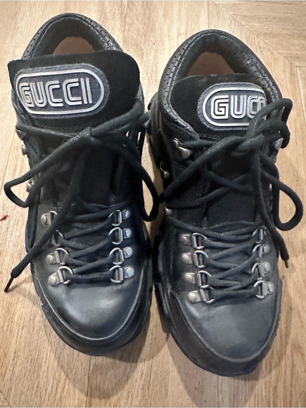 Gucci Black Leather Lace-Up Women's Hiking Boots